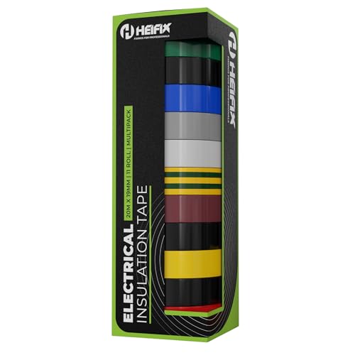 Heifix Lot de 10 rubans adhésifs d'isolation électrique de qualité supérieure - 20 m x 19 mm - Noir (x2), vert, blanc, gris, jaune, bleu, rouge, marron, terre