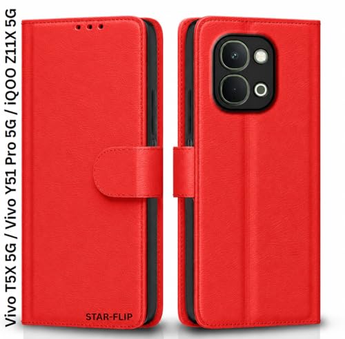 Image of Cover for Vivo T5x 5G / Y51 Pro 5G / iQOO Z11x 5G, Wallet Style, Leather Finish, Magnetic Closure, Inbuilt Stand, Card Pocket (Red)