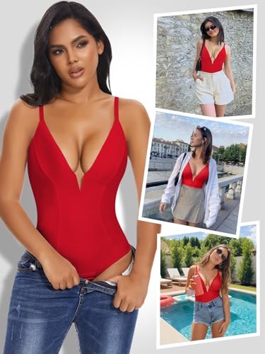 Image of SHAPERIN Bodysuit for Women Shapewear Tummy Control Deep V Neck Plunge Sleeveless Backless Thong Body Suit Tank Top