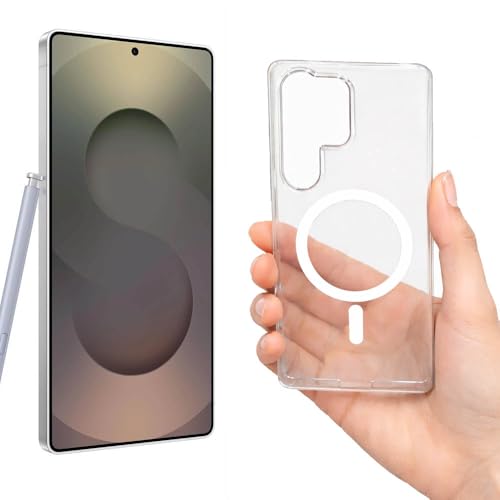 Image of amazon basics Slim PC Magnetic Case | Ultra Lightweight Paper Series Frosted Back Cover with Magnatic Ring Support & Camera Protection for Samsung Galaxy S25 Ultra 5G (Clear)