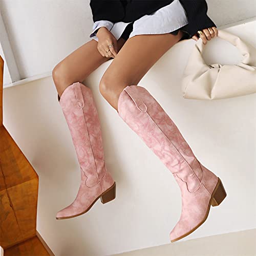 Ladmiple Cowgirl Boots Women Wide Calf Knee High Embroidered Pull On Cowboy Western Chunky Heel Mid Calf Wedding Boots4