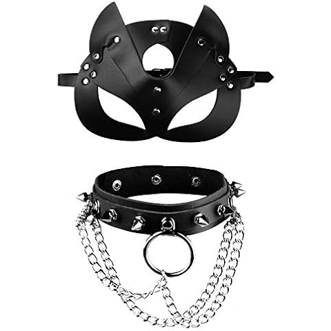 Alvivi Women Men Leather Cat Eye Mask and Adjustable Punk O-Rings Chains Choker for Halloween Party Masquerade Cosplay Costume Black Type A OneSize Cover