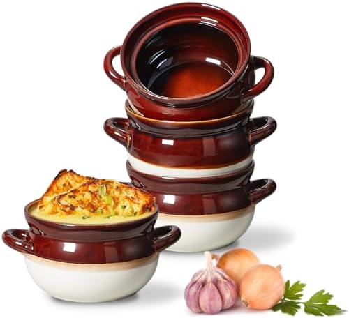 ONEMORE French Onion Soup Bowls, Oven Safe Soup Crocks with Handles, 28 oz- Large Ceramic Bowls for Chili, Beef Stew, Cereal, Pot Pies, Casseroles- Farmhouse Style Microwave & Dishwasher Safe Set of 4