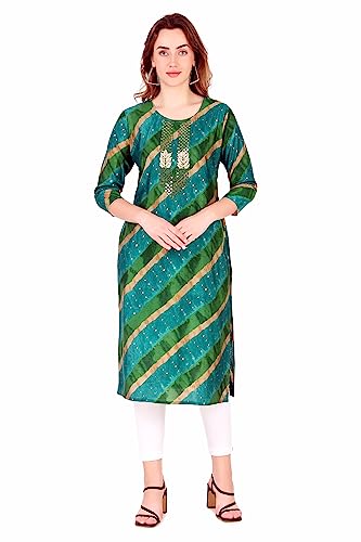 Ladyline Womens Formal Maslin Rayon Silk Mirror Thread Handwork Kurti Tunic Kurta Dress (SEK LLKSL)(44/Green)