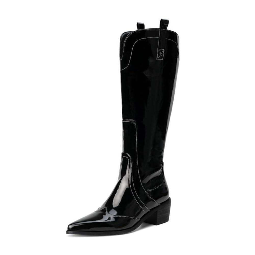 Knee High Western Boots for Women Pointy Toe Cowgirl Boots Wide Calf Mid Chunky Heel Stitching Zipper Tall