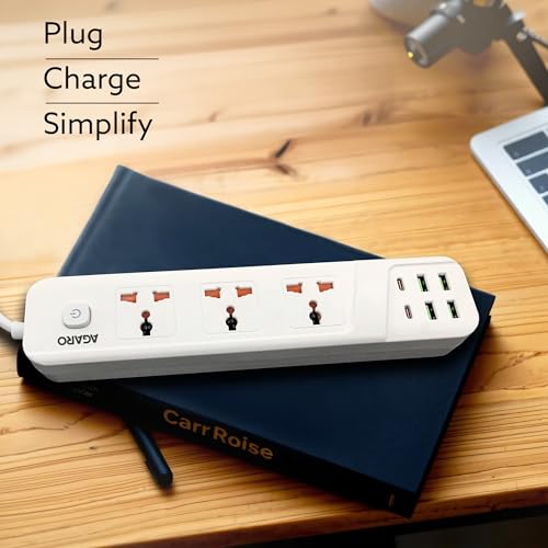 Image of AGARO Regal Extension Board, Power Strip, 3 Universal Sockets, 4 USB + 2 Type-C Fast Charge, 2500W, 6ft Heavy-Duty Cord, Overload & Surge Protection, Master Switch, Multi-Device Charge for Home /Office