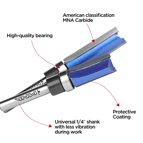Mna Top Bearing Flush Trimer Bit 4 Pcs Set, Pattern Flush Trim Router Bit Set, 1/4 Inch Shank. Cutting Height In 25/64”, 3/4”, 1”, 1-1/2”Great For Edging, Veneer, Or Laminate (Send Bearing) #TOP2