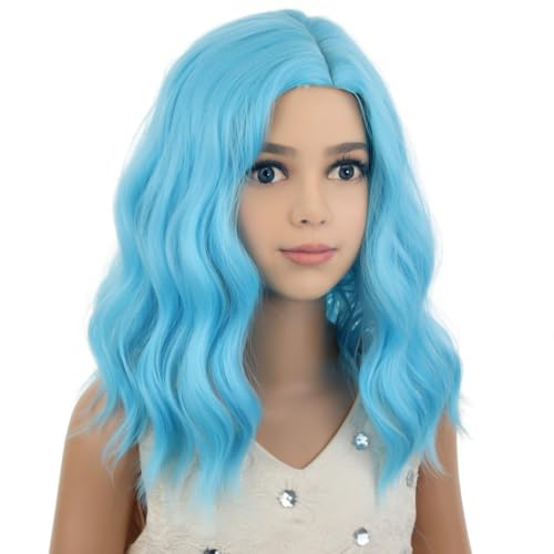 Image of PATTNIUM Kids Blue Wig Short Wavy Wig Light Blue Wig for Kids Cosplay Halloween Party Costume Heat Resistant Synthetic Wig for Girls (Light Blue)
