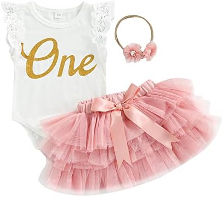 BemeyourBBs Baby Girl First Birthday Outfit Fly Sleeve Lace Romper Tutu Skirt Set with Headband (12-18 Months,sleeveless pink)