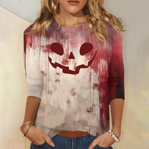 Halloween Shirts for Women 3/4 Sleeve Plus Size Crewneck Loose Fit Cute T Shirt Halloween Costumes for Women 2025