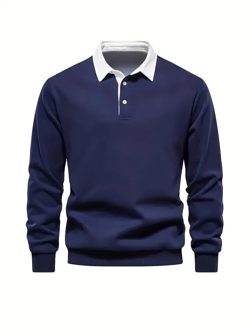 Men Polo Neck Long Sleeve Tshirt(Mens Polo Sweatshirt-Navy)-image-0