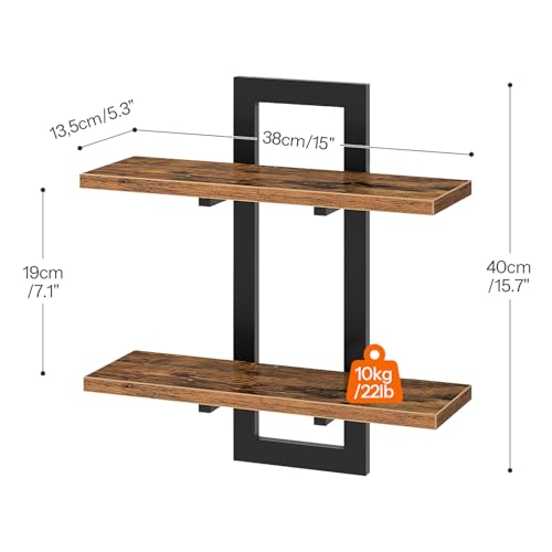 Image of HOOBRO Floating Shelves, 15 Inch Wall Shelf Set of 4, Wall Mounted Storage Shelves 2-Tier, Hanging Bathroom Shelves, for Living Room, Bedroom, Bathroom, Kitchen, Rustic Brown and Black BF32BJP401