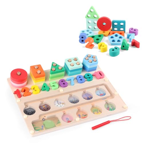 Image of Autirinee 3 in 1 Montessori Toys for Toddlers, Magnetic Color and Number Maze, Wooden Puzzle Sorting Toys, Shape Sorter Counting Color Matching Toy, Preschool Education Learning Math Stacking for Kids