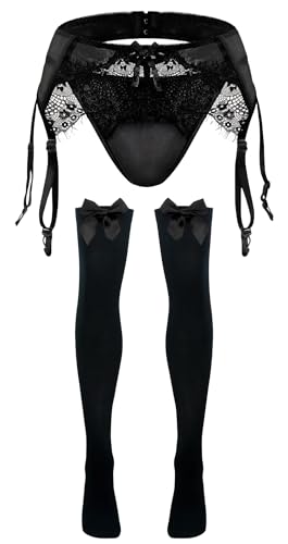 AIEOE Męska bielizna Sissy zestaw bielizny męskiej z siateczki, stringi, koronkowe majtki, Lingeire, odzież crossdresser, długie pończochy, 2-częściowy, podstawowy czarny, jeden rozmiar
