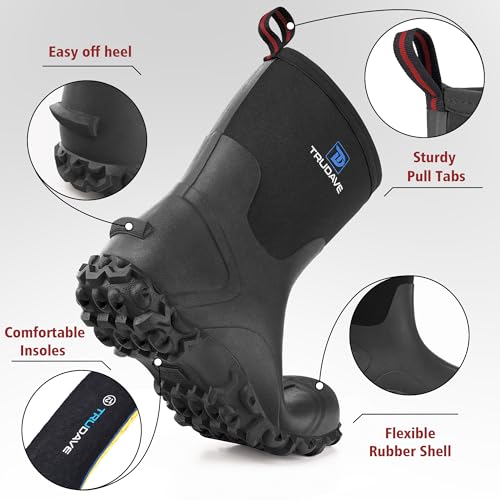 Rubber Boots for Men, 6mm Neoprene Insulated Mud Boots with Steel Shank, Men's Mid Calf Waterproof Rain Boots,Anti-Slip Rubber Work Boots for Farming Gardening Fishing,Size 7-133