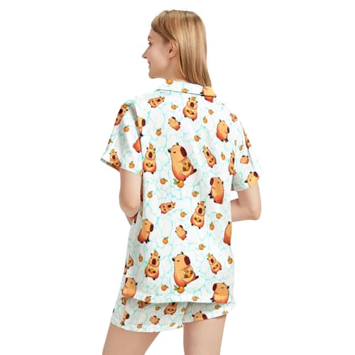 Image of Funny Pajamas for Women Set Print Satin Loungewear Pjs Short Sleeve Button Down Top and Shorts Sets Sleepwear XS-3XL