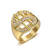 Lee Island Fashion Anillo de acero inoxidable chapado en oro de 24 quilates con diamantes de imitación y circonita cúbica para hombre, joyería de hip hop