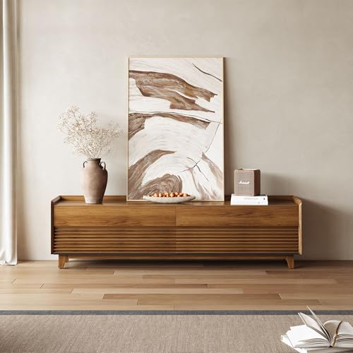 Image of POVISON Fully-Assembled Mid Century Modern TV Stand with Legs, Wood Media Console with Adjustable LED Light, Entertainment Center with Storage for Living Room