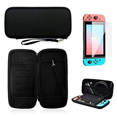 ZWZNBL Case Compatible for Nintendo Switch and Switch OLED, Black Protective Portable Carry Case, with Screen Tempered Film