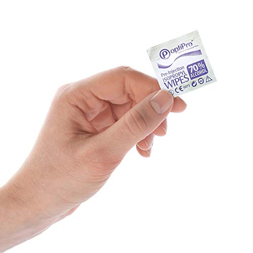 OptiPro 70% Alkohol Voreinspritzung Isopropyl Tücher - Einzeln verpackte Erste-Hilfe Haut reinigungstücher in leicht aufreißbarer Packung (100 Stück)