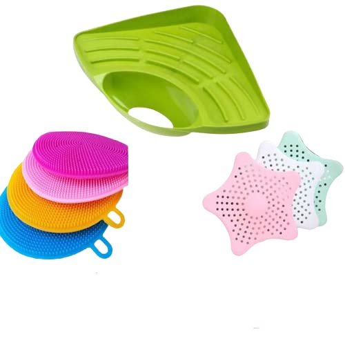 KUDOS-Combo Pack of 3 (Sink Corner with Vaccum + Silicon Dish Scrubber + Star Sink Cover)