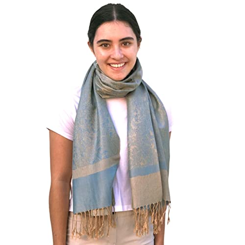 Silverfever Women's Shawl Vintage Jacquard Paisley Pashmina Special Occasion Wrap Evening Scarf Double Sided Stole (Champagne/Blue) #TOP3