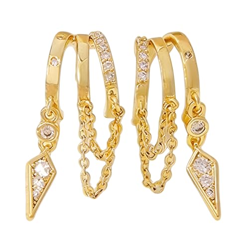 14k Gold Plated Triple Huggie Earrings - Dainty Chain Dangle Statement Earrings for Women