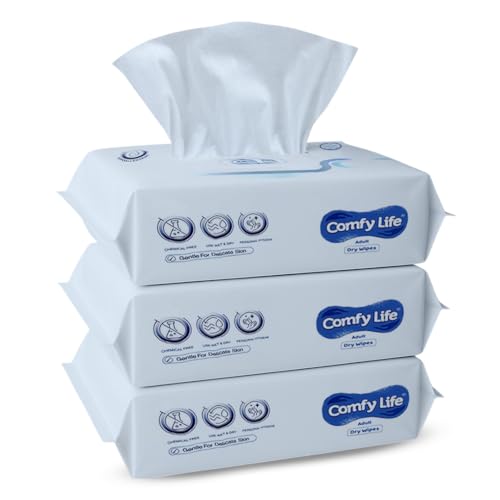 Comfy Life Dry Wipes for Adult Personal Care Soft & Extra Large Body Cleaning Wipes 300 Sheets (Pack of 3) Unscented Gentle for Sensitive Skin Bathing & Incontinence Care
