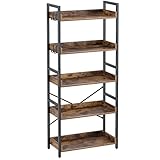 Rolanstar Bookshelf 5 Tier with 4 Hooks , Industrial Wood Bookcase, Vintage Storage Rack with Open...