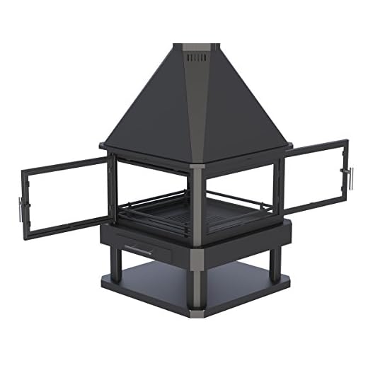 Chimenea calefactora central, de leña, metálica, modelo Huelva con accesorios