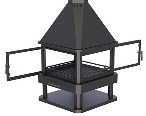 Chimenea calefactora central, de leña, metálica, modelo Huelva con accesorios