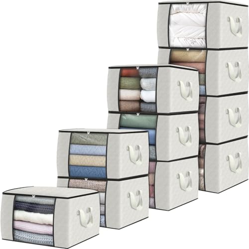 Image of Fab totes 10 Pack Clothes Storage, Foldable Thick Fabric Blanket Storage Bags, Containers for Organizing Bedroom, Closet, Clothing, Comforter, Organization with Handle,Ivory White