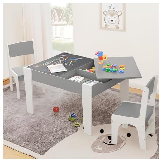 Curipeer 4 in 1 Kids Table and 2 Chair Set, Table and Chairs for Toddlers 2-4 with 2 Reversible Blackboard, Children Table with Storage for Activity/Play/Art/Read/Craft, Gray/White