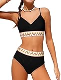 DONWEN Girls Swimsuit 9-10 Years Girl Bathing Suits Size 10-12 Color Block Girls Bikini Set Black Woven Contrast Trim Swimsuits for Girl V Neck Girl's Swimwear