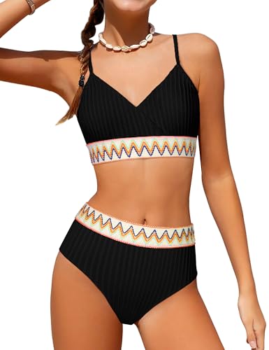 DONWEN Girl Swimsuit Size 13 14 Bathing Suit for Girls Color Block V-Neck High Waisted Bikini Adjustable Shoulder Straps 2 Piece Girls Swimsuits with Chest Pad