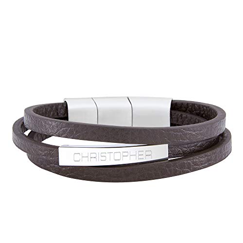 Gravado Bracelet en Cuir et INOX pour Homme 3 Lanières Marrons, Personnalisé Prénom, Taille Ajustable 22 CM