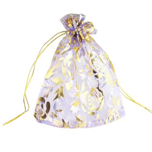 Image of QIANHAILIZZ 100 pcs 3.5 x 4.7 Inch Flower Heart Organza Jewelry Gift Pouch Candy Pouch Drawstring Wedding Favor Bags X92 (lilac gold flower)