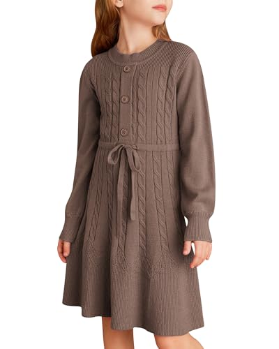 GRACE KARIN Girls Sweater Dress Fall Winter Long Sleeve Kids Fashion Drawstring Waist Cable Knit Dresses Size 5-12