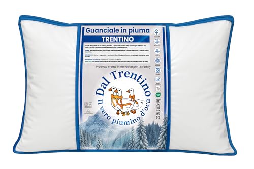 Tex family Cuscino in Piuma d'Oca Trentino 50x80 cm 1000 g – Guanciale Letto Morbido Sostegno Medio – Cotone Twill Anallergico Antipiuma OEKO-TEX – Prodotto Dal Trentino