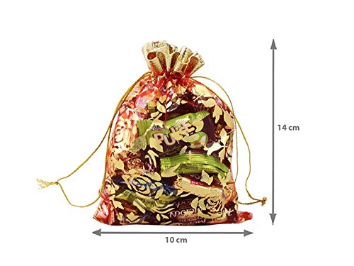 Image of Beingelegant - Pack of 100 Women's Organza Net Potli Bags for Pooja, Return Gifts for Wedding, Sangeet, Shagun- Multi Coloured (Multi, 14X10)