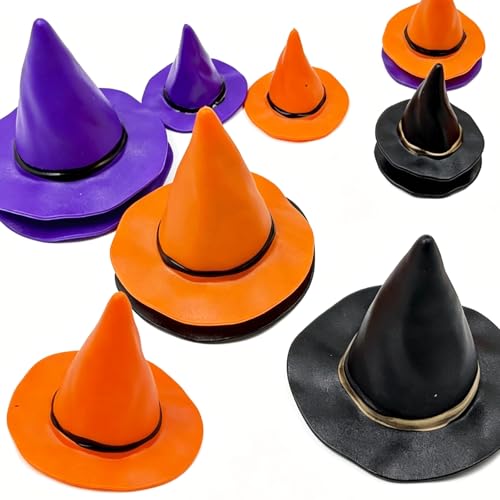 Wieyusax 12 Pcs Mini Witch Hats 2 Sizes Plastic Tiny Witch Hats in Black Orange & Purple Mini Wizard Hat Accessories for DIY Halloween Crafts Dolls Cupcake Toppers Party Decorations Supplies