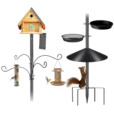 92 Inch Bird House Pole, Heavy Duty Stand Bird Feeding Station, Adjustable Bird Feeder Pole with Squirrel Proof Baffle, 4 Hooks & Bird Bath and Tray for Garden, Outdoor (Birdhouse Not Included)