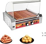 1670w Commercial Hot Dog Roller Grill - 11 Non-stick Rollers (30 Hot Dogs Capacity) Stainless Steel Sausage Cooker with Glass Cover, Dual Temperature Control, LED Light & Removable Drip Tray