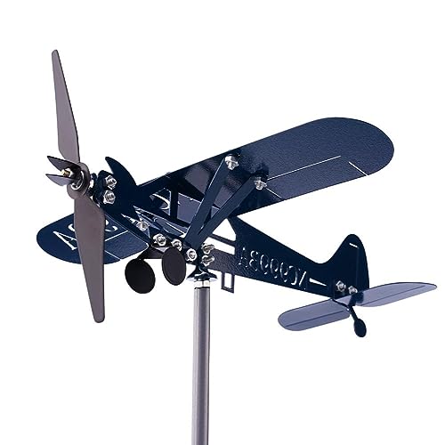 SDFRT Blue Airplane Weathervane, Kinetic Metal Wind Spinners for Yard and Garden, 3D Kinetic Wind Spinner Wind Catchers Sculpture, Airplane Weathervane Metal Wind Spinner (28 x 32 cm)
