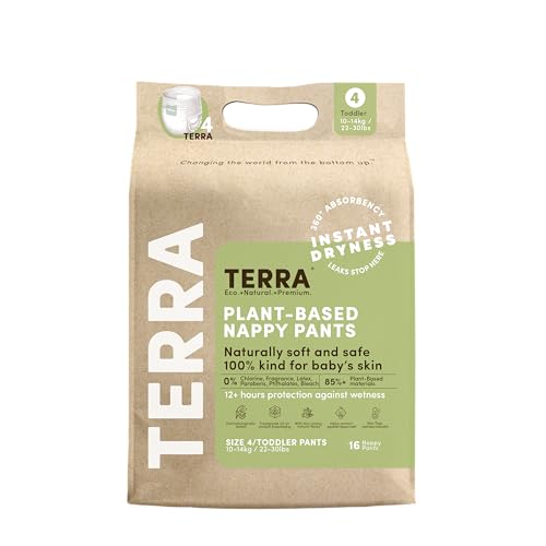 Terra 85% Plant-Based Nappy Pants Size 4 (10-15kg) – 16 Count Trial Pack – Ultra-Absorbent Toilet Training Pants for Toddlers – Hypoallergenic & Chemical-Free for Sensitive Skin – Overnight Leak Protection