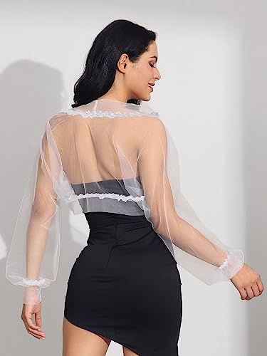 Image of Unicra Tulle Bolero Shrug Long Sleeve Bridal Wedding Jacket Bolero Evening Dresses Cardigan for Women and Bride