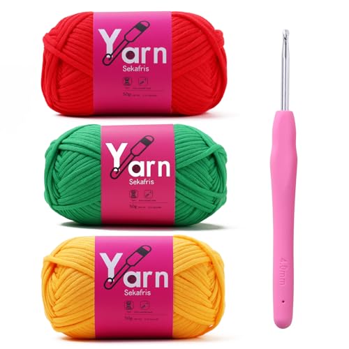 Image of Crochet Yarn with Cotton Yarn for Crocheting - Crochet Knitting Yarns for Beginners with Easy-to-See Stitches - Yarn for Crocheting - Chunky Yarns(Crimson+Golden Yellow+Christmas Green