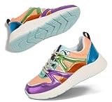 Picture of LUCKY STEP Women's Fashion Cusual Sneakers Platform Classic Leopard Walking Tennis Travel Shoes Chunky Colorful Lifestyle Sneakers(Green/Orange,6B(M) US)