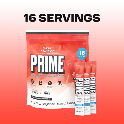 Image of PRIME HYDRATION+ Electrolyte Powder Sticks, Cherry Freeze, Sugar Free Hydration Drink Mix with Potassium, Magnesium & B Vitamins to Replenish Fluids, Caffeine Free, 16 Count
