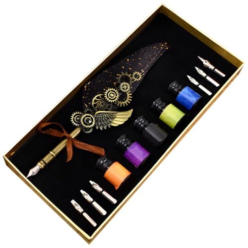 Feather Pen Calligraphy Set for Beginners, 1 Pen, 6 Nibs, 5 Ink Colors, Vintage Map Box, Ideal Gift for Artists